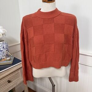 Vans Womens Rust Orange Checkerboard Textured Cotton Cropped Mock Neck Sweater S